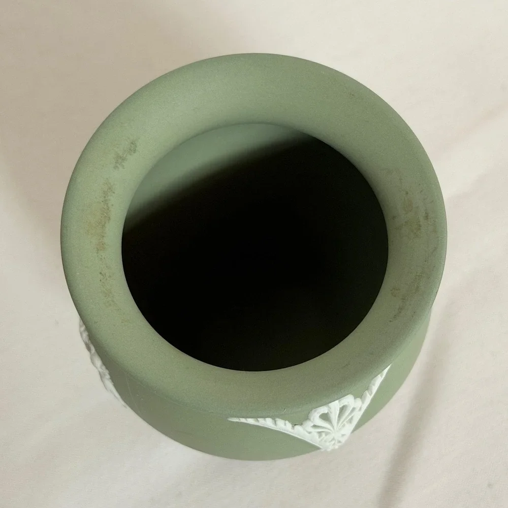 Wedgwood Jasperware Sage Green Small Round Vase Neoclassical Scenes Made in UK